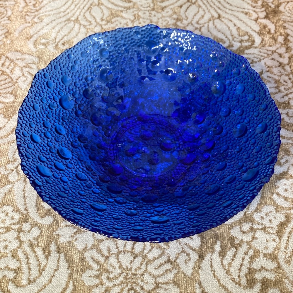 Sklo union pavel panek cobalt blue bubble bowl scalloped rim vintage